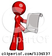 Poster, Art Print Of Red Design Mascot Man Holding Blueprints Or Scroll