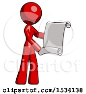 Poster, Art Print Of Red Design Mascot Woman Holding Blueprints Or Scroll