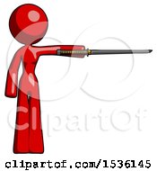 Poster, Art Print Of Red Design Mascot Woman Standing With Ninja Sword Katana Pointing Right