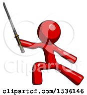 Poster, Art Print Of Red Design Mascot Man With Ninja Sword Katana In Defense Pose