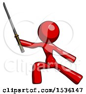 Poster, Art Print Of Red Design Mascot Woman With Ninja Sword Katana In Defense Pose