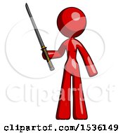 Poster, Art Print Of Red Design Mascot Woman Standing Up With Ninja Sword Katana