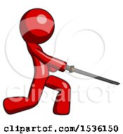 Poster, Art Print Of Red Design Mascot Man With Ninja Sword Katana Slicing Or Striking Something