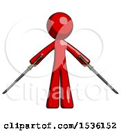 Poster, Art Print Of Red Design Mascot Man Posing With Two Ninja Sword Katanas