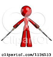 Red Design Mascot Woman Posing With Two Ninja Sword Katanas