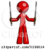 Poster, Art Print Of Red Design Mascot Man Posing With Two Ninja Sword Katanas Up