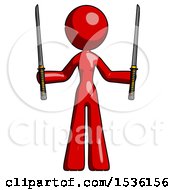 Red Design Mascot Woman Posing With Two Ninja Sword Katanas Up