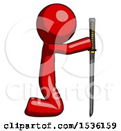 Poster, Art Print Of Red Design Mascot Man Kneeling With Ninja Sword Katana Showing Respect