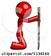 Poster, Art Print Of Red Design Mascot Woman Kneeling With Ninja Sword Katana Showing Respect