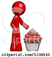 Poster, Art Print Of Red Design Mascot Man With Giant Cupcake Dessert