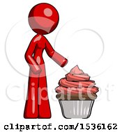 Poster, Art Print Of Red Design Mascot Woman With Giant Cupcake Dessert