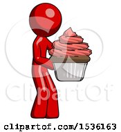 Poster, Art Print Of Red Design Mascot Man Holding Large Cupcake Ready To Eat Or Serve