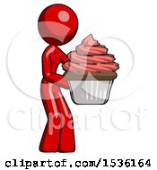 Poster, Art Print Of Red Design Mascot Woman Holding Large Cupcake Ready To Eat Or Serve