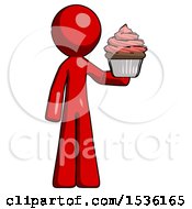Poster, Art Print Of Red Design Mascot Man Presenting Pink Cupcake To Viewer