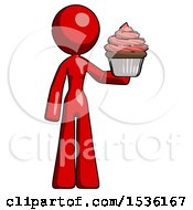 Red Design Mascot Woman Presenting Pink Cupcake To Viewer