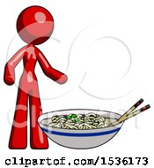 Poster, Art Print Of Red Design Mascot Woman And Noodle Bowl Giant Soup Restaraunt Concept