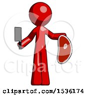Red Design Mascot Man Holding Large Steak With Butcher Knife