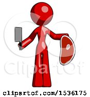 Red Design Mascot Woman Holding Large Steak With Butcher Knife