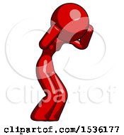 Red Design Mascot Woman With Headache Or Covering Ears Facing Turned To Her Right
