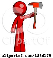 Red Design Mascot Man Holding Up Red Firefighters Ax