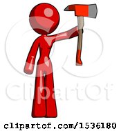 Poster, Art Print Of Red Design Mascot Woman Holding Up Red Firefighters Ax