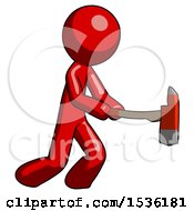 Poster, Art Print Of Red Design Mascot Man With Ax Hitting Striking Or Chopping