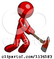 Poster, Art Print Of Red Design Mascot Man Striking With A Red Firefighters Ax