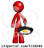 Poster, Art Print Of Red Design Mascot Woman Frying Egg In Pan Or Wok