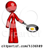 Poster, Art Print Of Red Design Mascot Woman Frying Egg In Pan Or Wok Facing Right