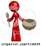 Poster, Art Print Of Red Design Mascot Woman With Empty Bowl And Spoon Ready To Make Something