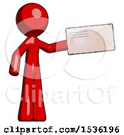 Poster, Art Print Of Red Design Mascot Man Holding Large Envelope