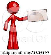 Poster, Art Print Of Red Design Mascot Woman Holding Large Envelope