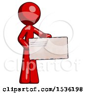 Poster, Art Print Of Red Design Mascot Man Presenting Large Envelope