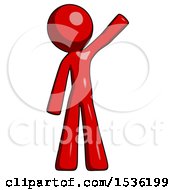 Red Design Mascot Man Waving Emphatically With Left Arm