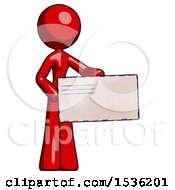 Poster, Art Print Of Red Design Mascot Woman Presenting Large Envelope