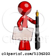 Poster, Art Print Of Red Design Mascot Man Holding Large Envelope And Calligraphy Pen