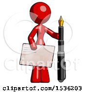 Poster, Art Print Of Red Design Mascot Woman Holding Large Envelope And Calligraphy Pen