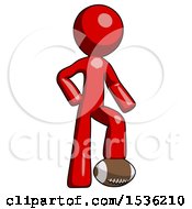 Poster, Art Print Of Red Design Mascot Man Standing With Foot On Football