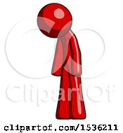 Red Design Mascot Man Depressed With Head Down Turned Left
