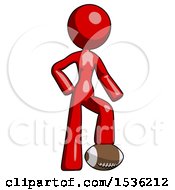 Poster, Art Print Of Red Design Mascot Woman Standing With Foot On Football