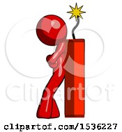 Red Design Mascot Man Leaning Against Dynimate Large Stick Ready To Blow