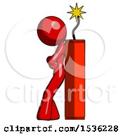 Poster, Art Print Of Red Design Mascot Woman Leaning Against Dynimate Large Stick Ready To Blow