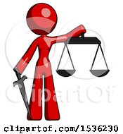 Poster, Art Print Of Red Design Mascot Woman Justice Concept With Scales And Sword Justicia Derived