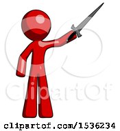 Poster, Art Print Of Red Design Mascot Man Holding Sword In The Air Victoriously
