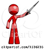 Red Design Mascot Woman Holding Sword In The Air Victoriously