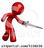 Red Design Mascot Man Sword Pose Stabbing Or Jabbing