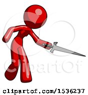 Poster, Art Print Of Red Design Mascot Woman Sword Pose Stabbing Or Jabbing