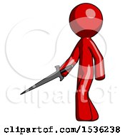 Poster, Art Print Of Red Design Mascot Man With Sword Walking Confidently