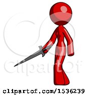 Poster, Art Print Of Red Design Mascot Woman With Sword Walking Confidently