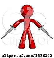 Poster, Art Print Of Red Design Mascot Man Two Sword Defense Pose